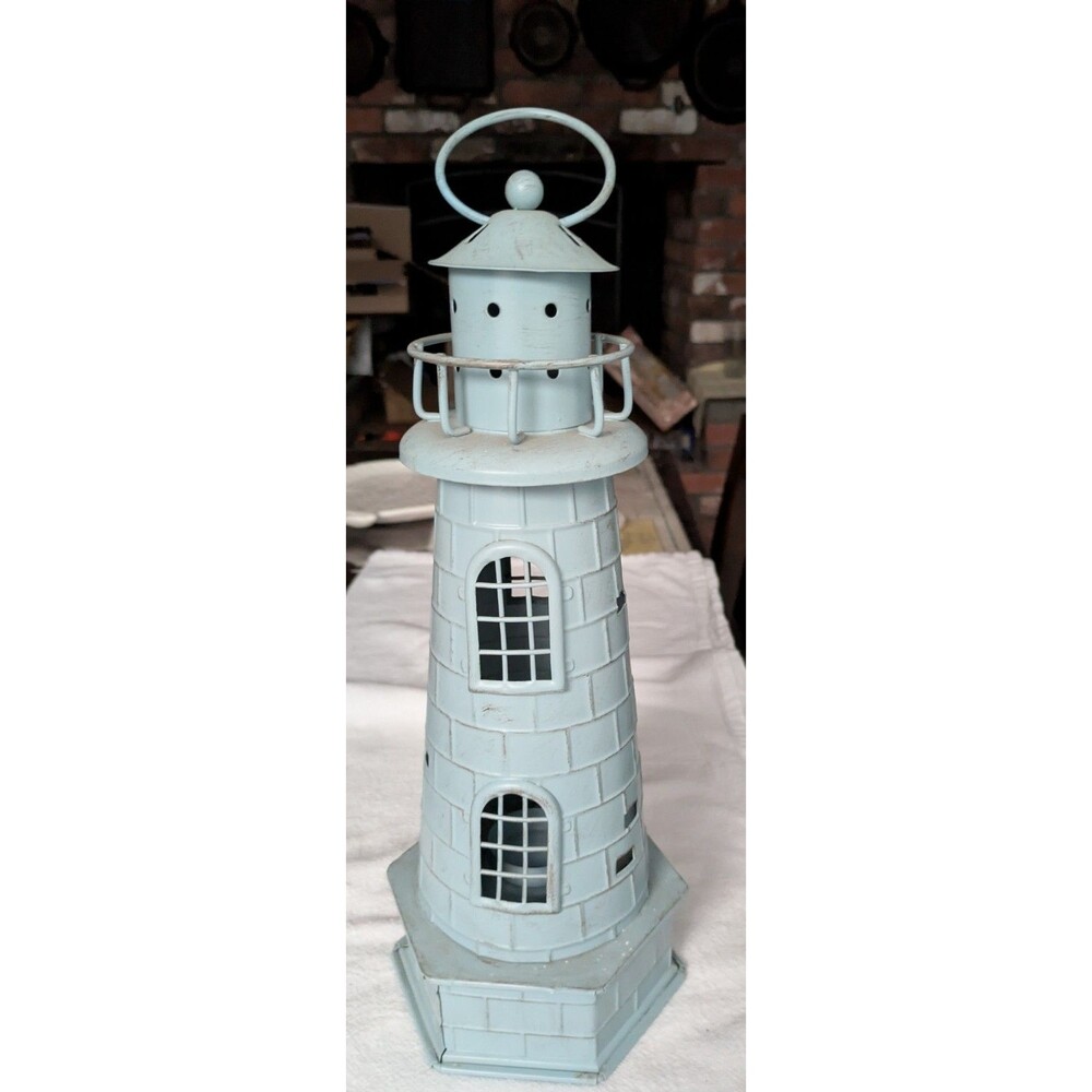 Rustic Light Blue Metal Lighthouse Candle Holder Lantern Coastal Nautical Beach